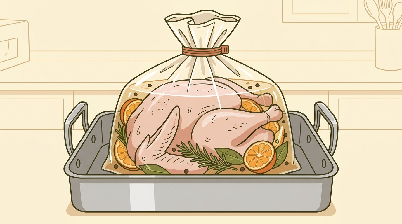 Whole raw poultry turkey submerged in herb infused brine inside a heavy duty brining bag resting safely inside a stainless steel roasting pan
