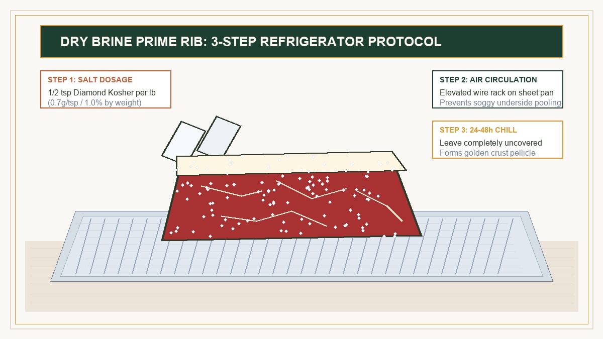 Bone in standing prime rib roast with kosher salt crystals elevated on a wire rack inside a rimmed baking sheet for 48 hour refrigerator drying
