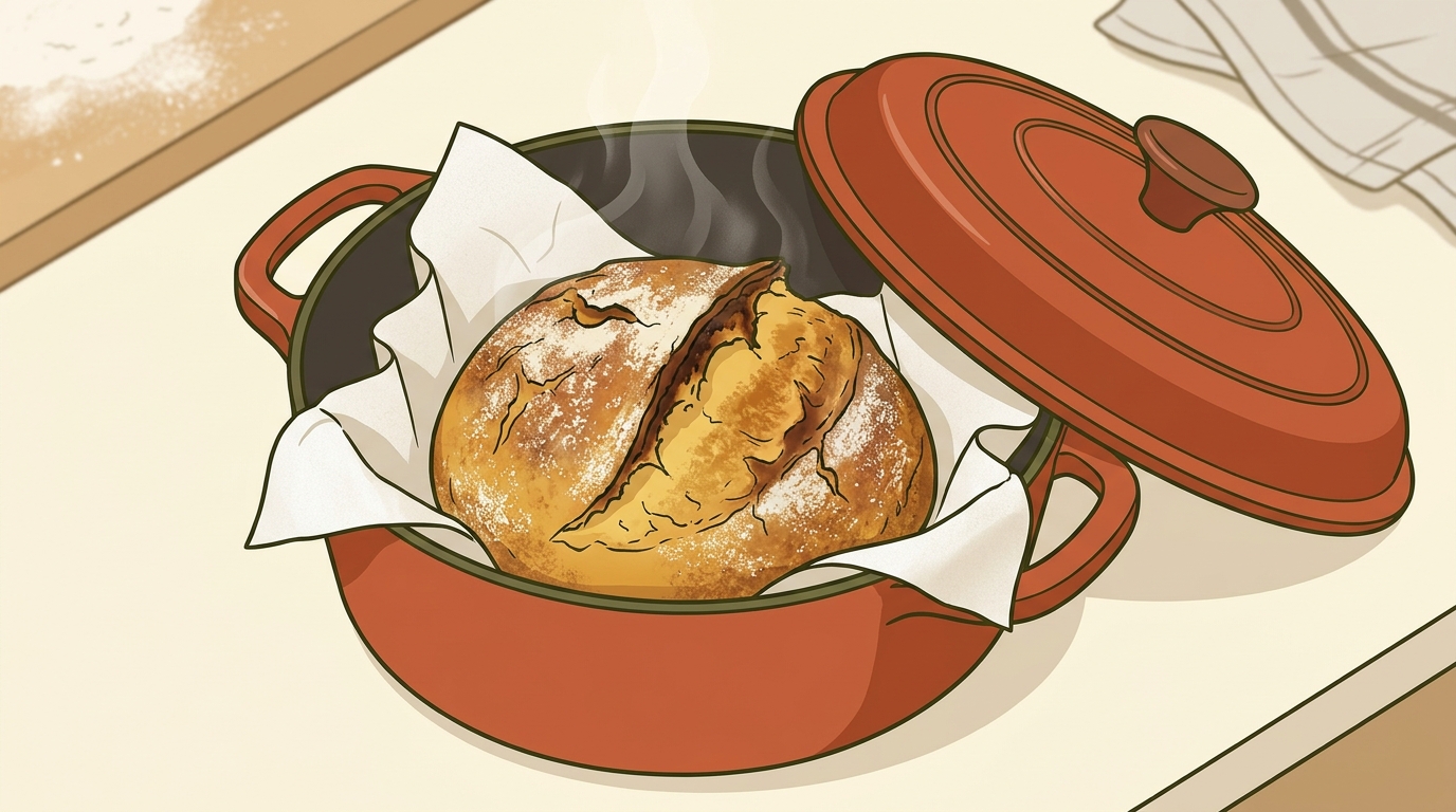 Artisan blistered sourdough bread boule with blooming ear inside an enameled terracotta red cast iron Dutch oven with lid lifted open