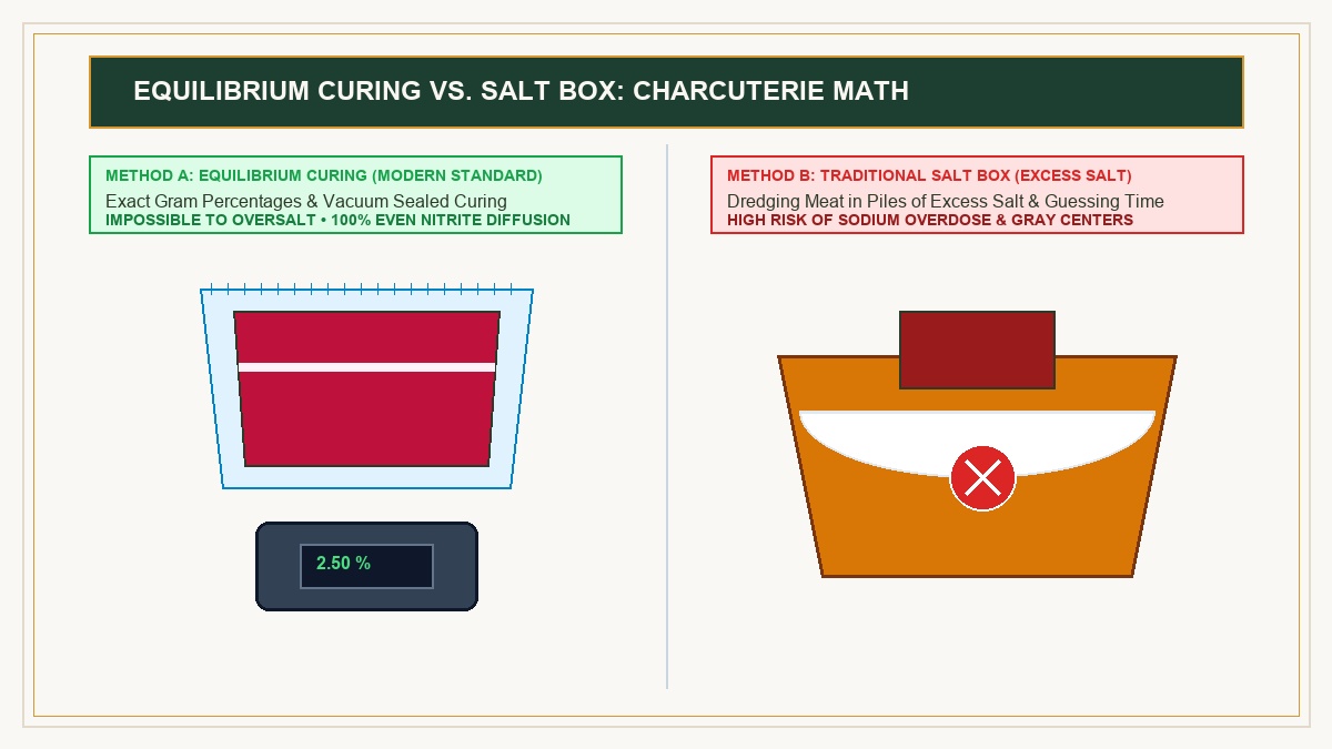 Comparison diagram of equilibrium curing in vacuum seal bag with digital gram scale versus traditional salt box dredging method