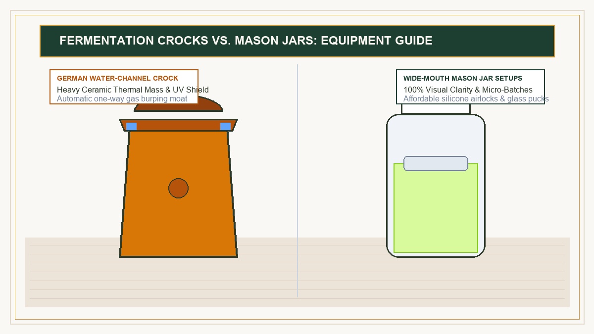 Side by side comparison diagram of a German stoneware water channel fermentation crock and a wide mouth glass mason jar with silicone airlock