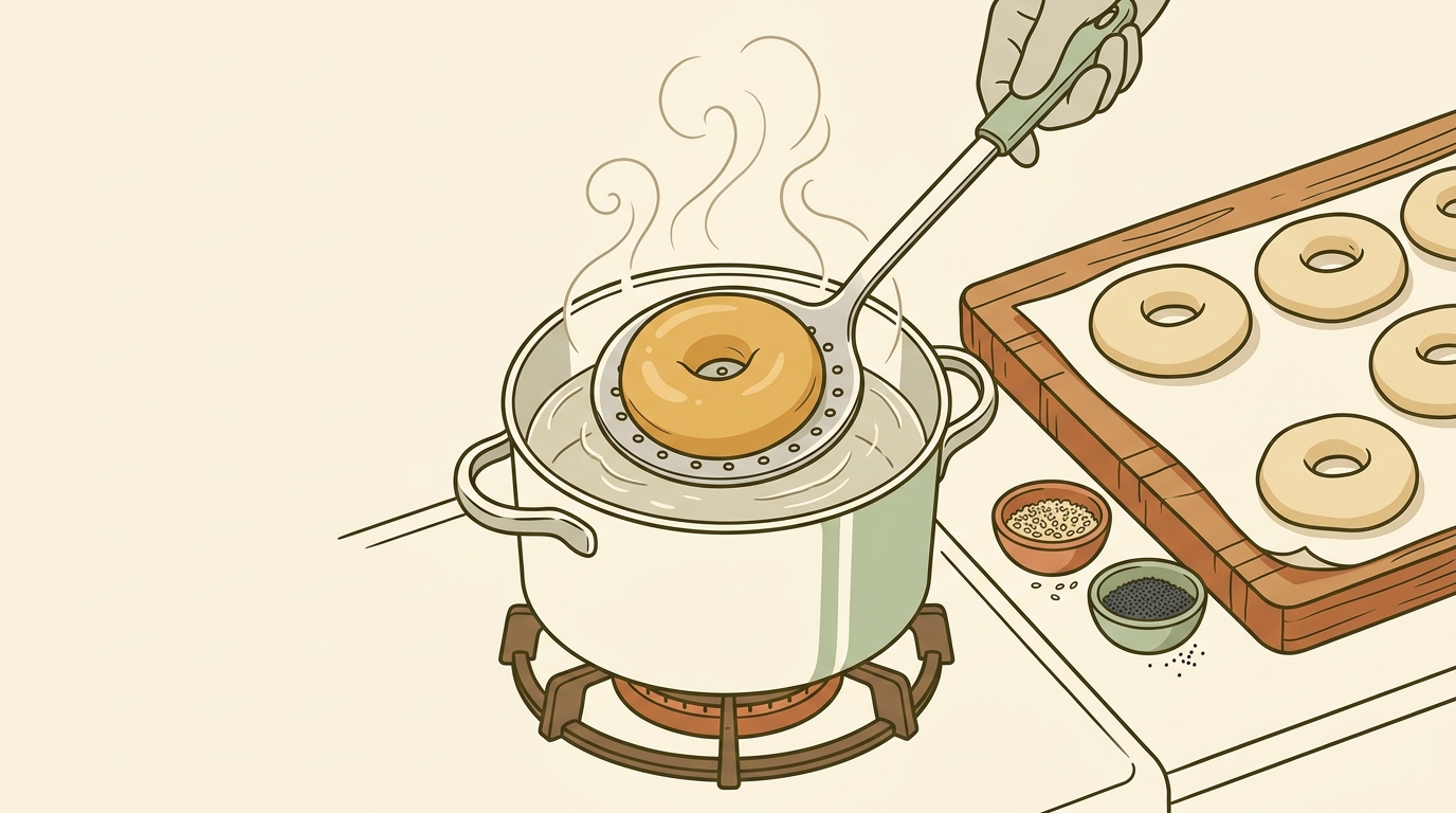 Artisan boiled sourdough discard bagels lifted from a steaming poaching bath with shaped dough rings on a wooden baker's prep board