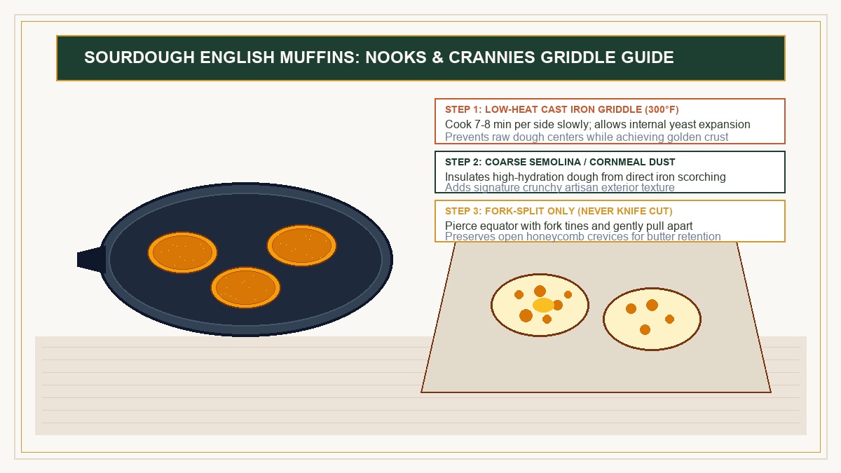 Cast iron skillet cooking English muffins dusted in semolina with a fork-split muffin showing butter in deep honeycomb nooks and crannies